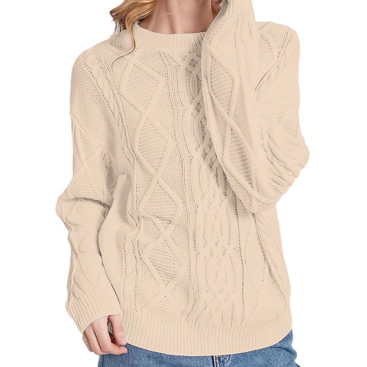 White Cable Knit Sweater Women's Long Sleeve Crewneck Geometric Pullover