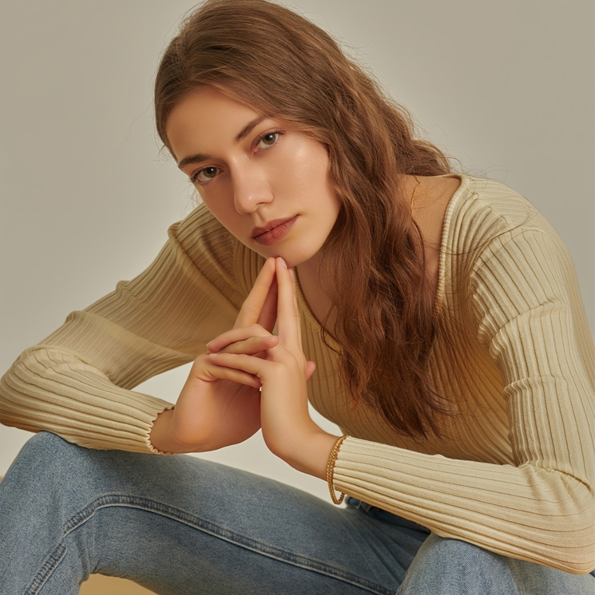 Women's V-Neck Ribbed Knit Long-Sleeve Slim Fit Top