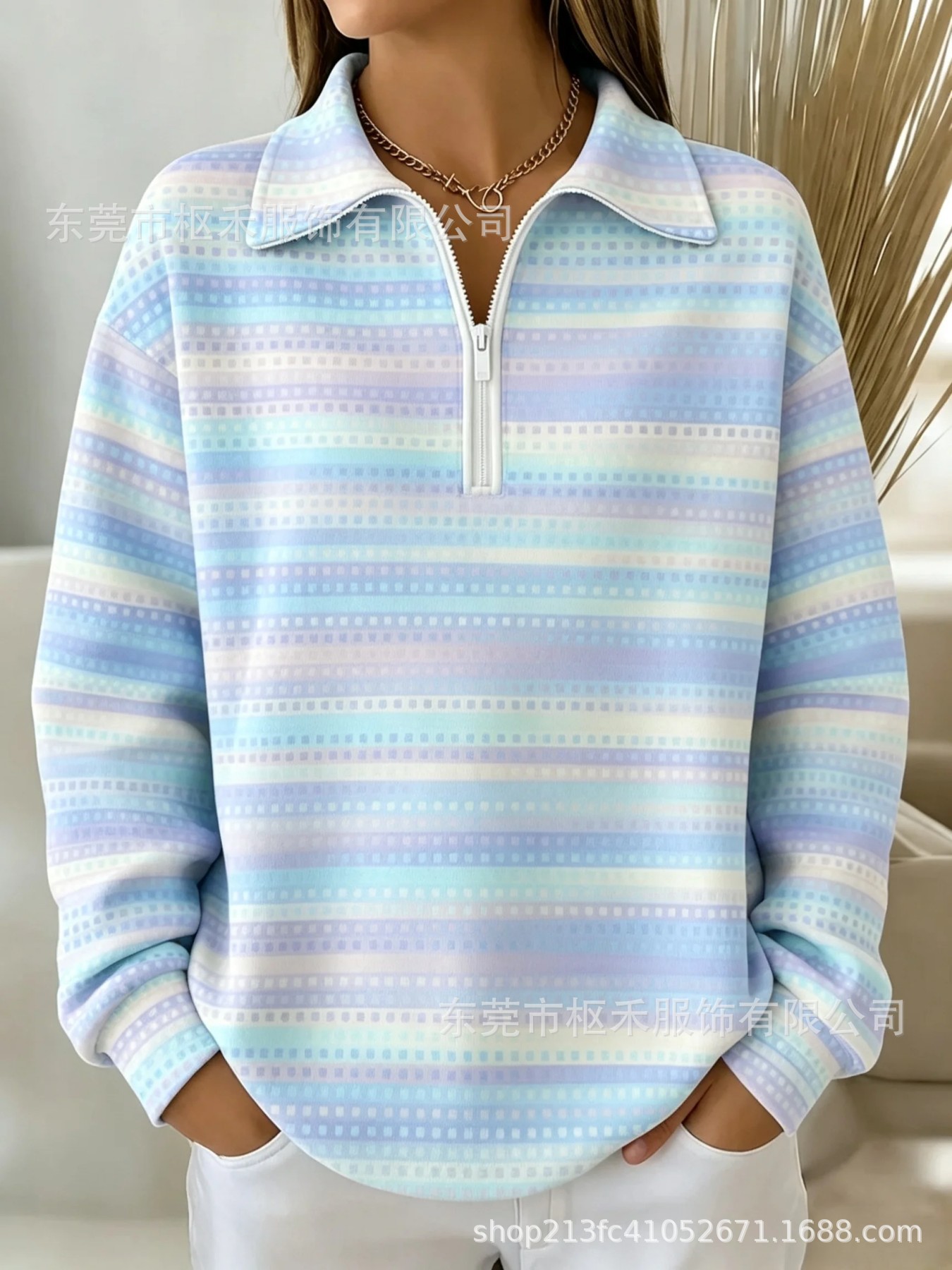 Striped Marker Print Half-Zip Hoodie with Collar