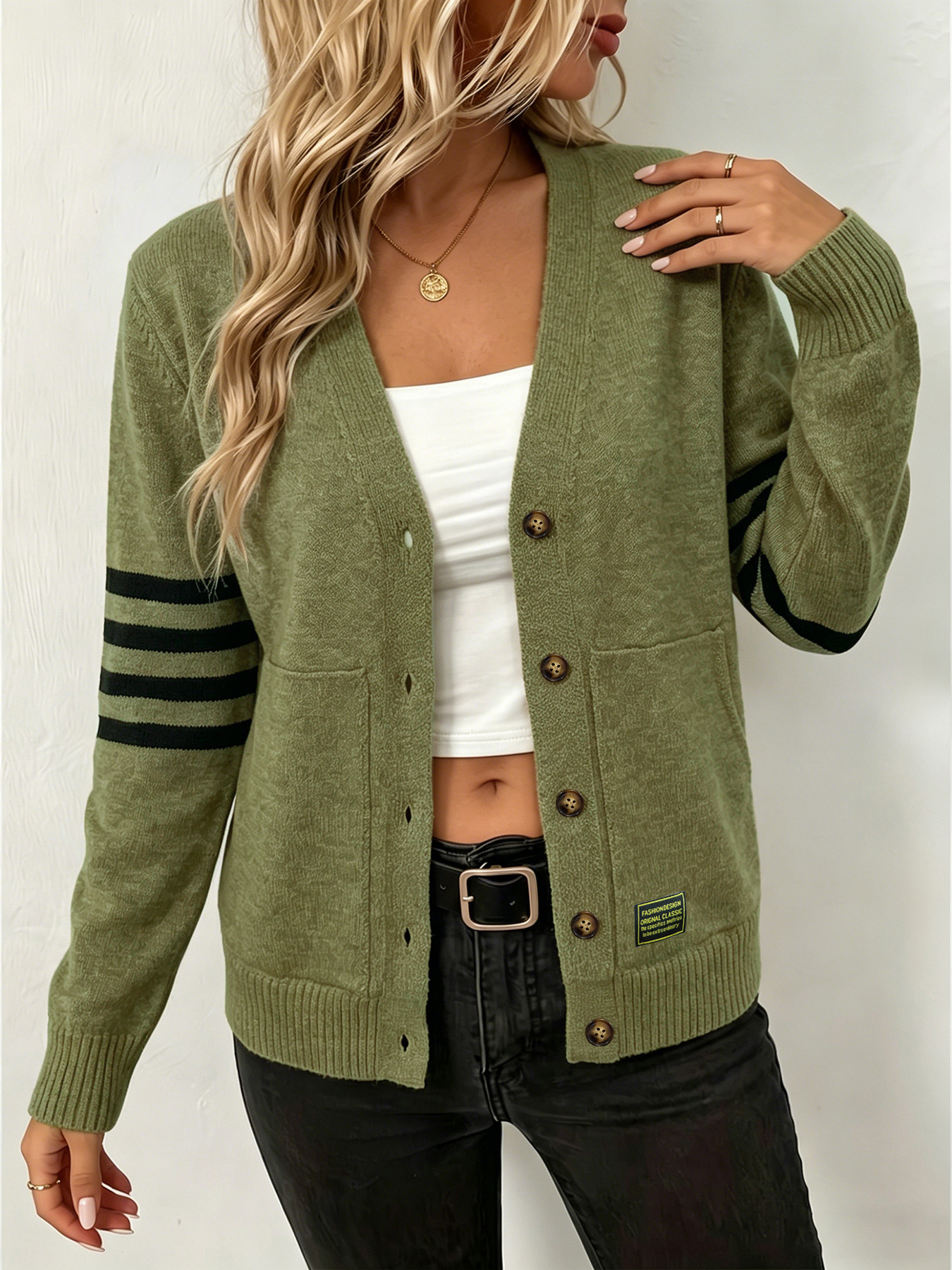 Women's Striped Zip-Up Knit Cardigan with Ring Pull