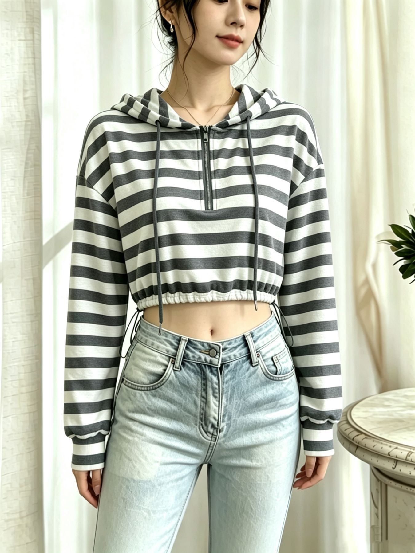 Half-Zip Hooded Drawstring Sweatshirt Zebra Print Cropped Fit
