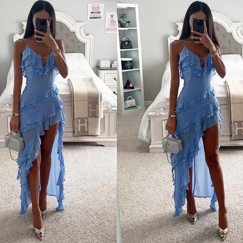 Women's Sleeveless Spaghetti Strap Asymmetrical Ruffle Hem Solid Dress