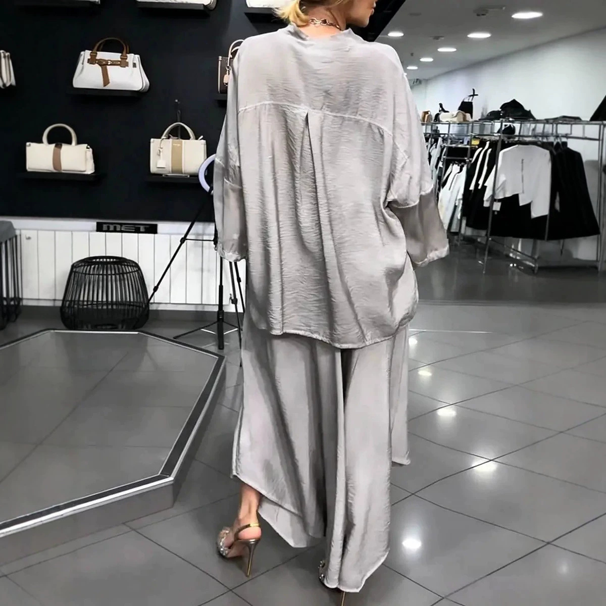 Women's Casual Loose Cotton-Linen Spliced Chiffon V-Neck Long-Sleeve Two-Piece Set
