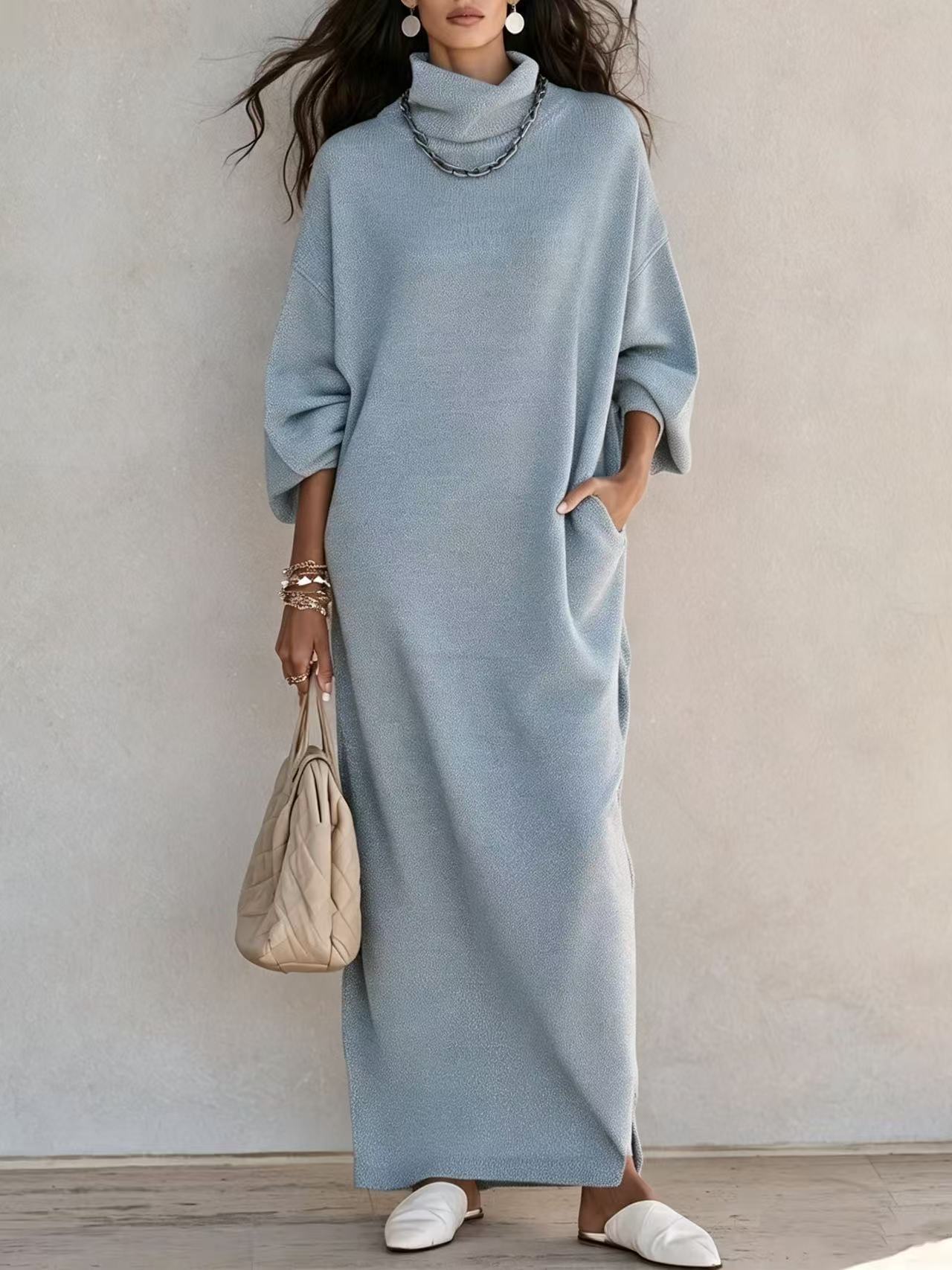 Solid Color Long Sleeve Split Hem A-Line Dress