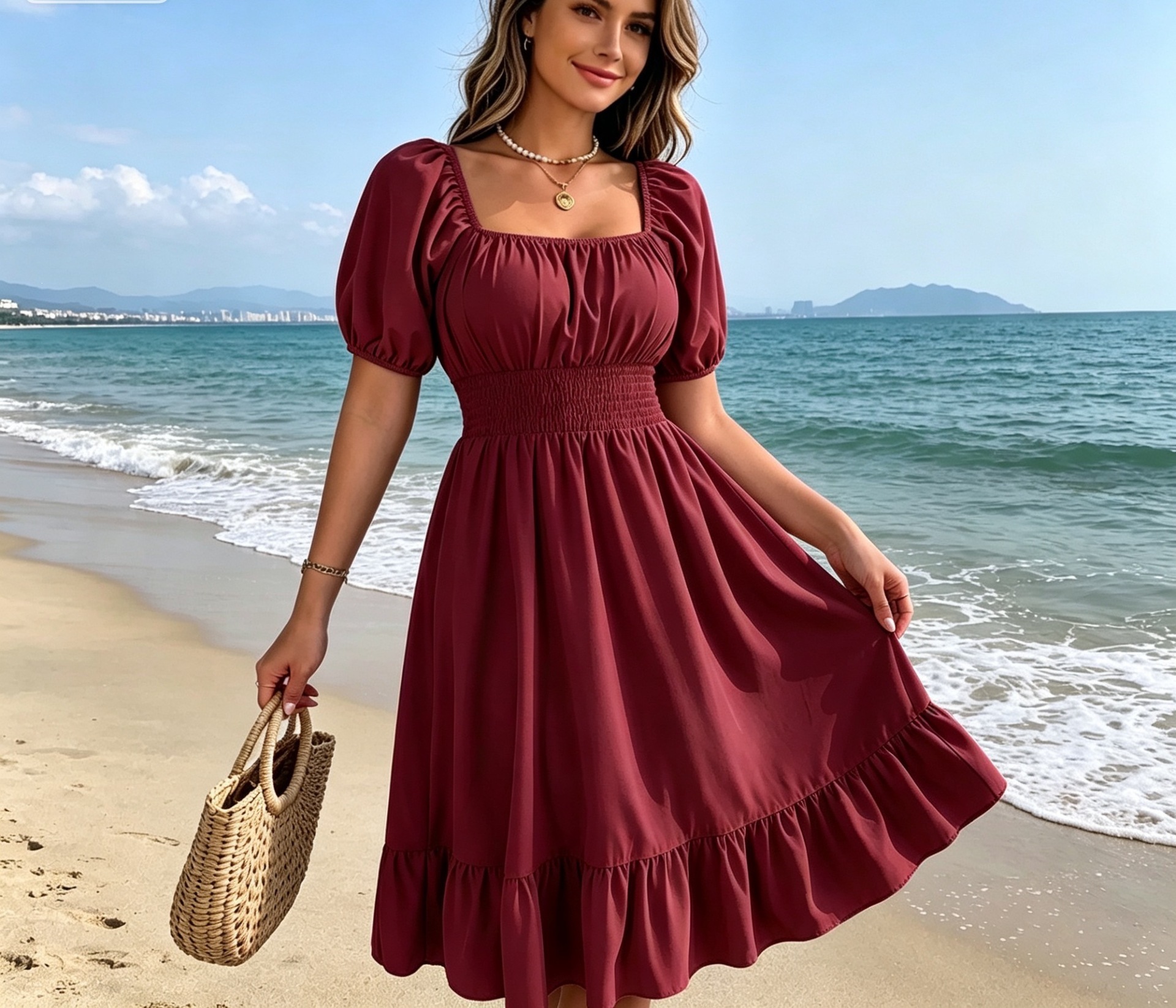 Women's Square Neck Short Sleeve Ruffle A-Line Dress