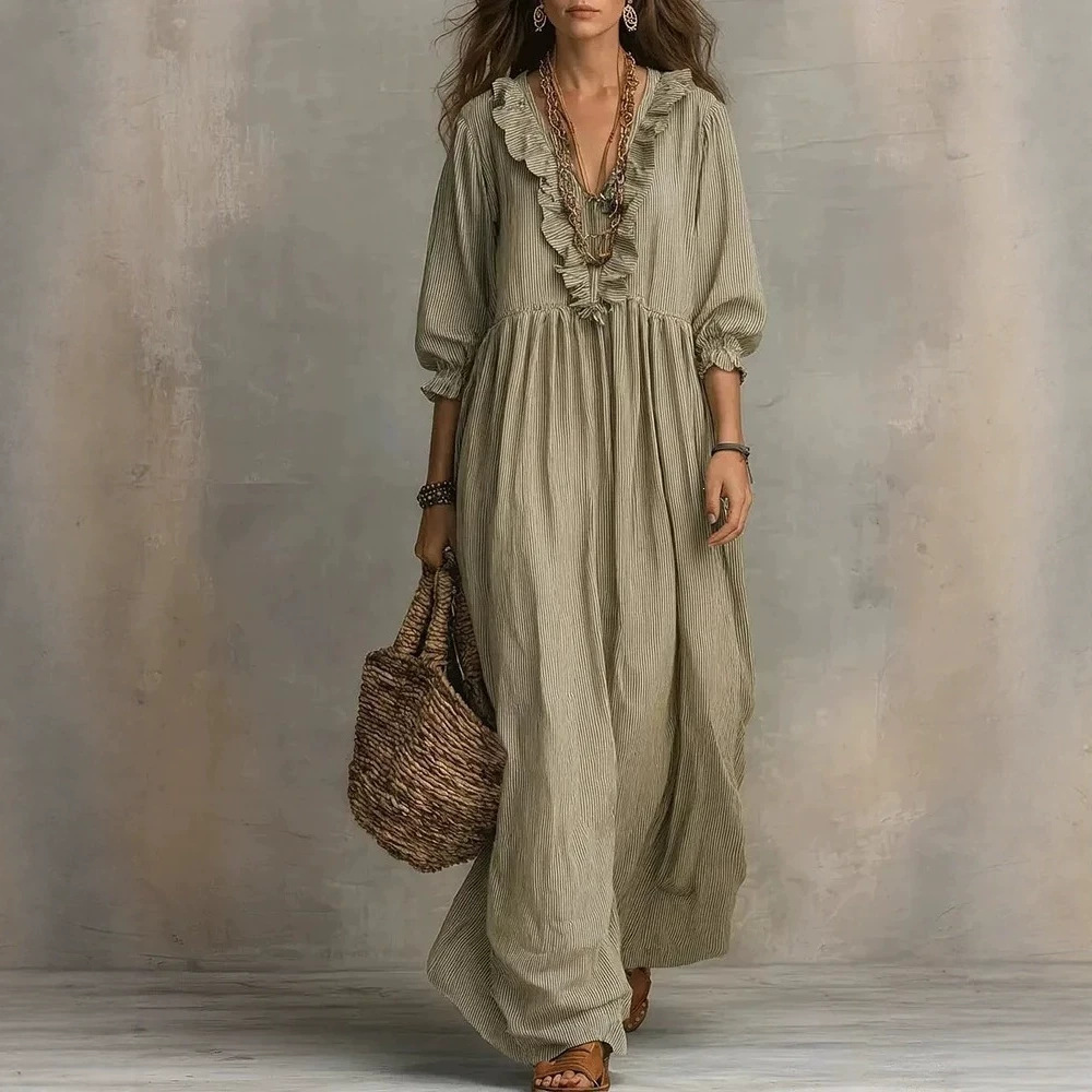Striped Ruffle High-Waist V-Neck Loose Casual Dress