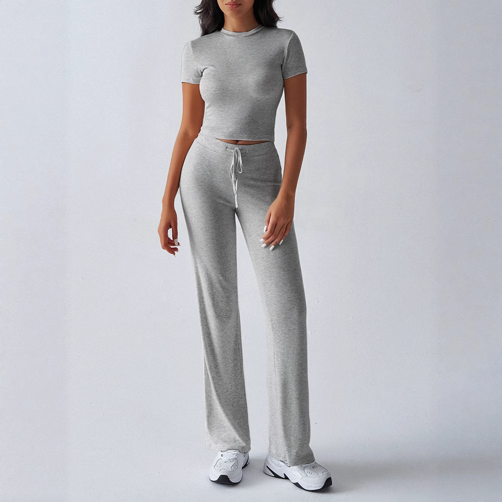 Women's Casual Two-Piece Set Short Sleeve Top & Long Pants Solid Color