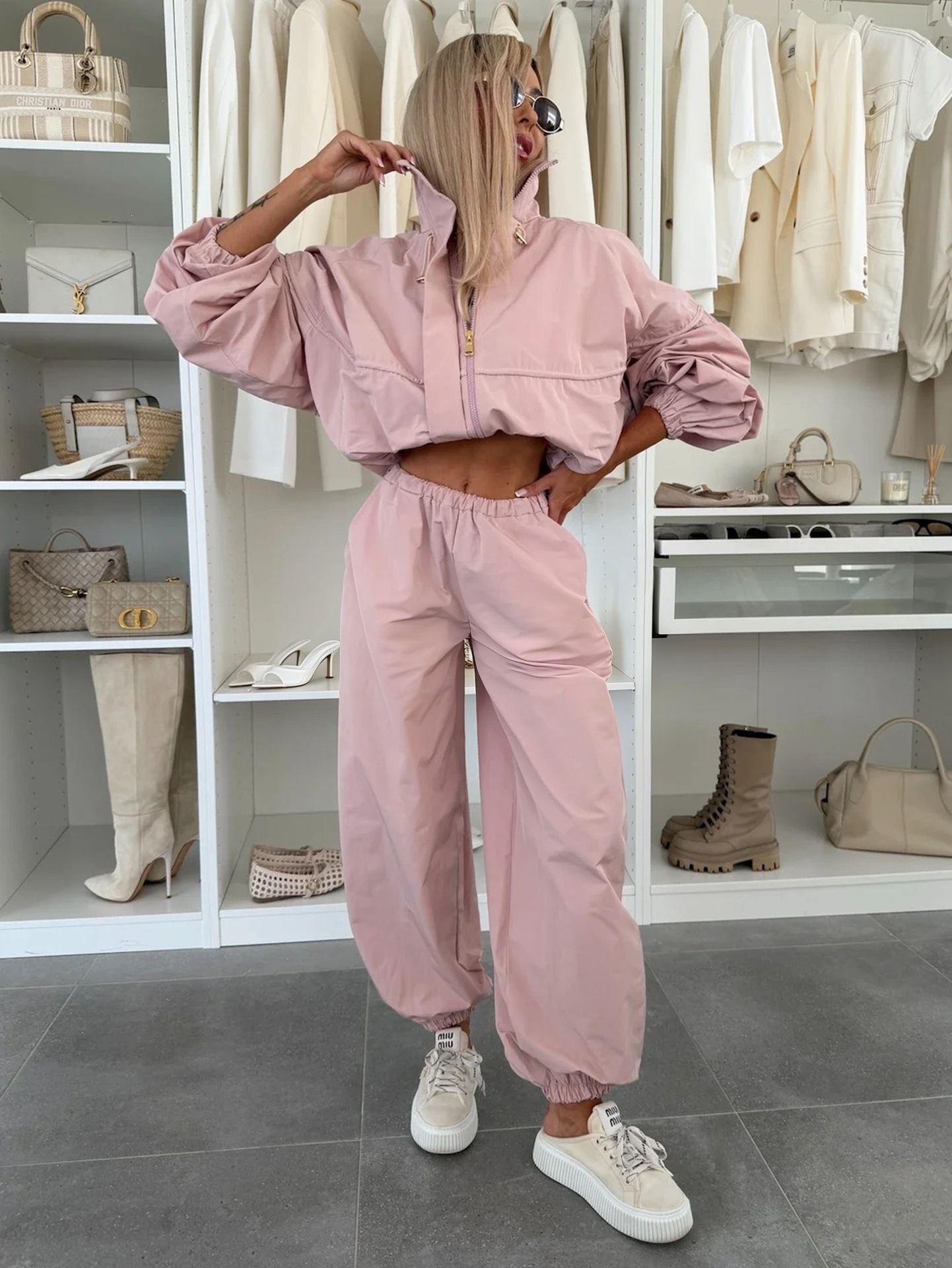 Women's Solid Color Zip-Up Collared Cardigan and Jogger Pants Two-Piece Set