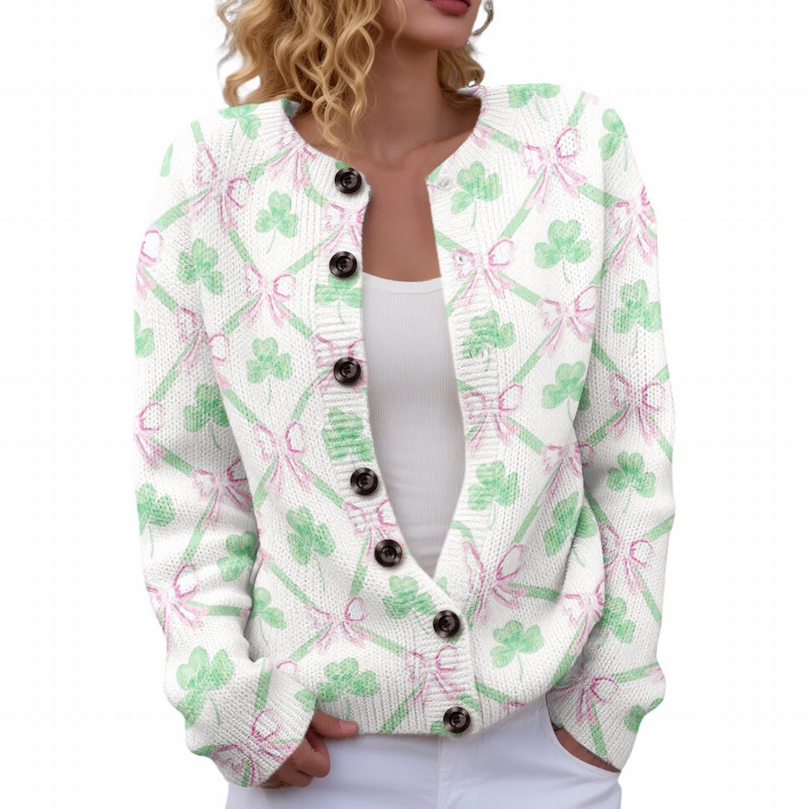 Women's Four-Leaf Clover Print Button Cardigan Sweater