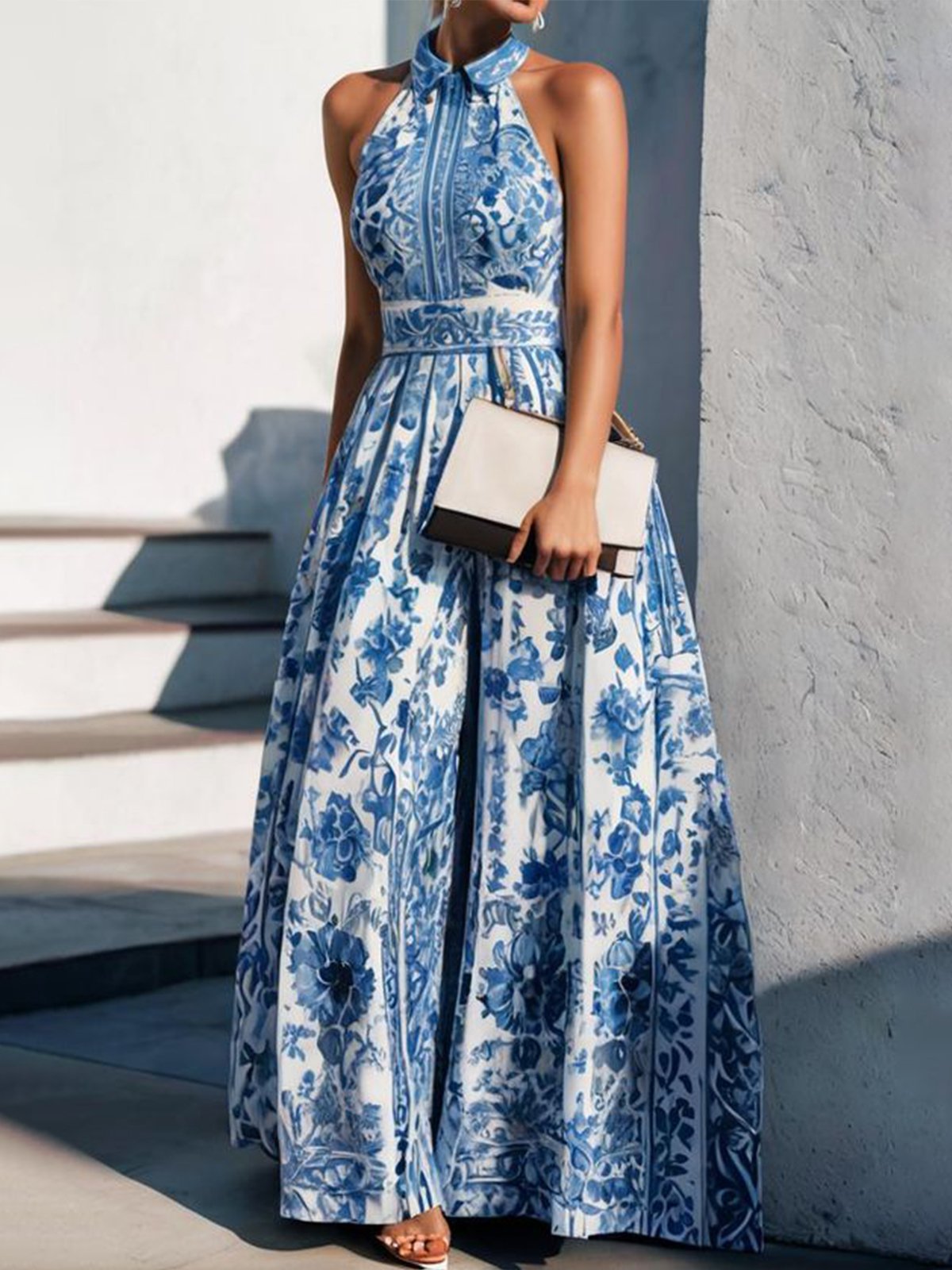 Floral Print Sleeveless Long A-Line Dress with Polo Neck
