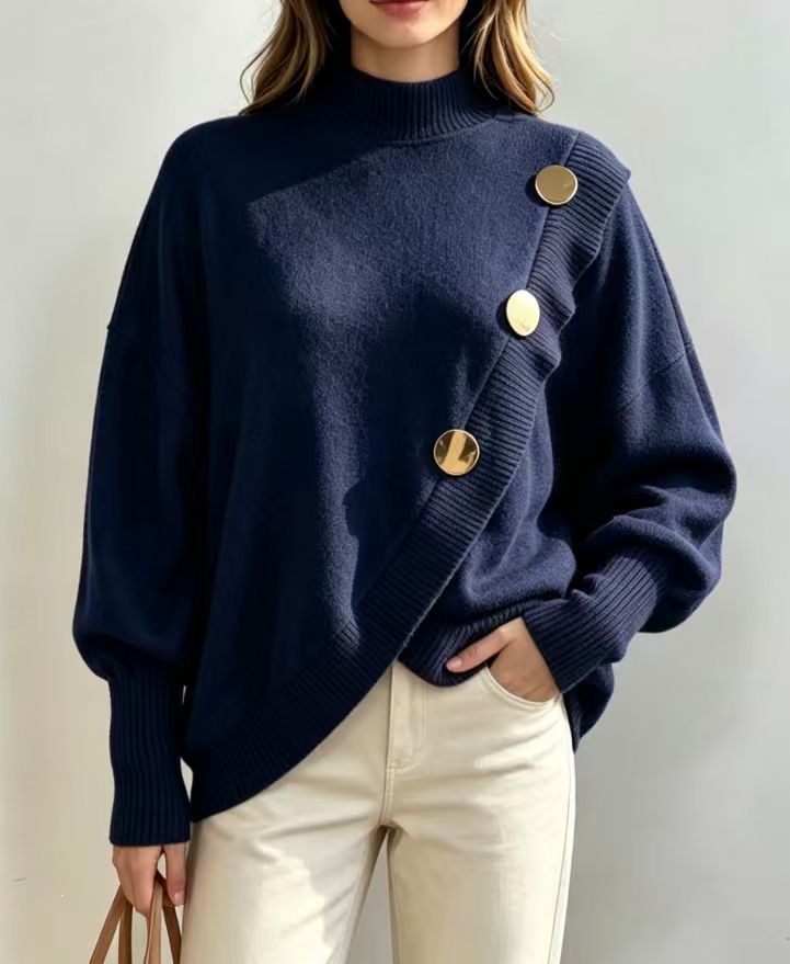 Elegant Button-Trim Crewneck Top for Women