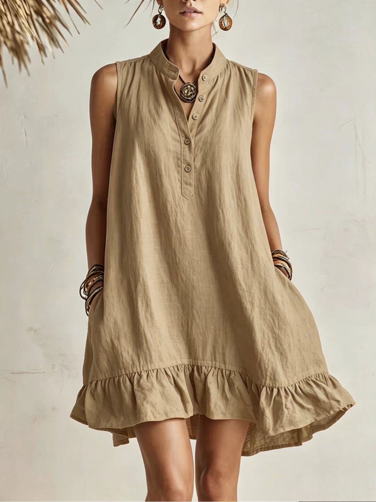 Solid Button Stand Collar Cotton-Linen Loose Casual Dress