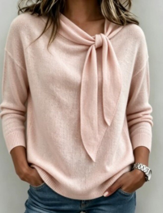 Bow Knit Sweater for Women Solid Color Round Neck Pullover
