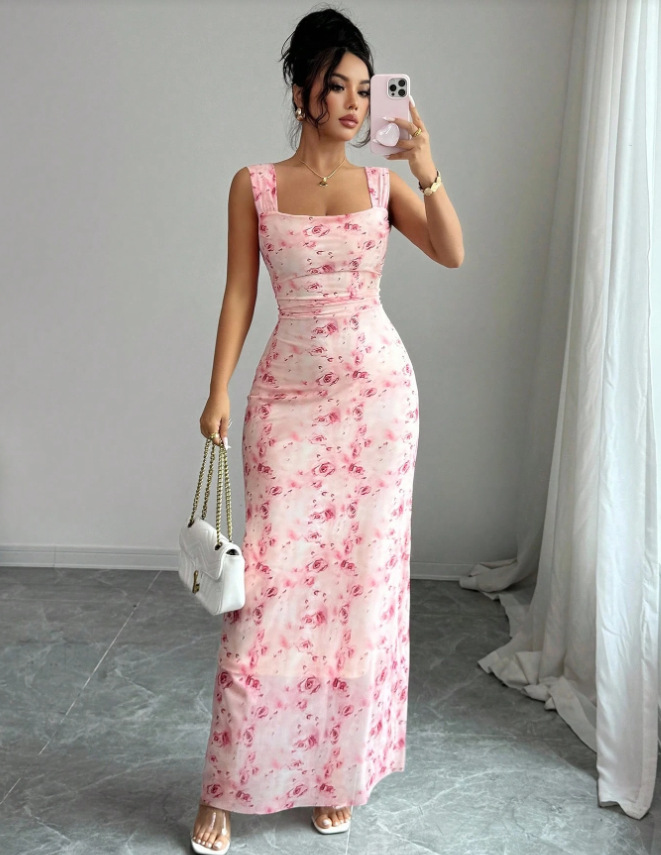 Slim-Fit Floral Print Sleeveless Long Dress