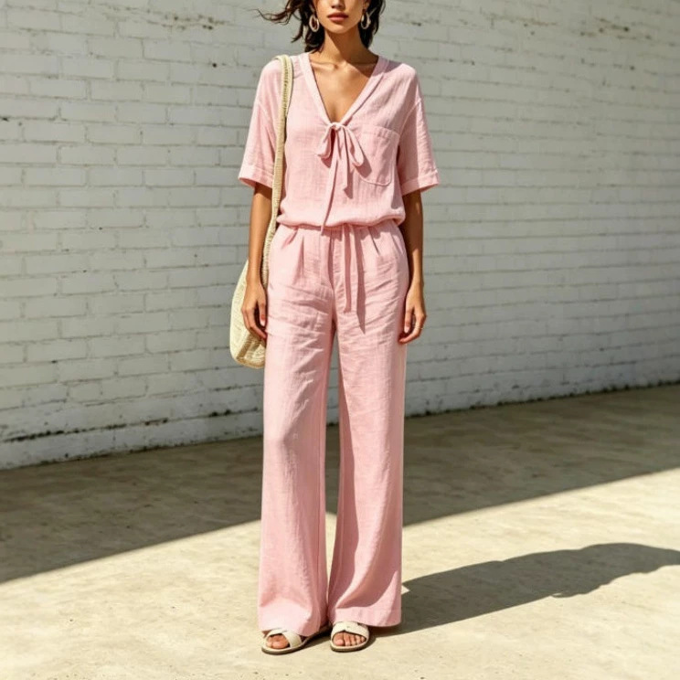 Women's Summer V-Neck Half-Sleeve Tie-Waist Casual Pants Set