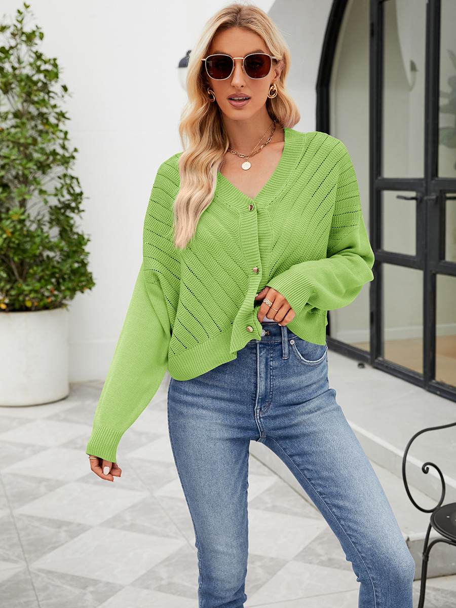 V-Neck Open-Knit Cardigan Loose Long-Sleeve Solid Color Women's