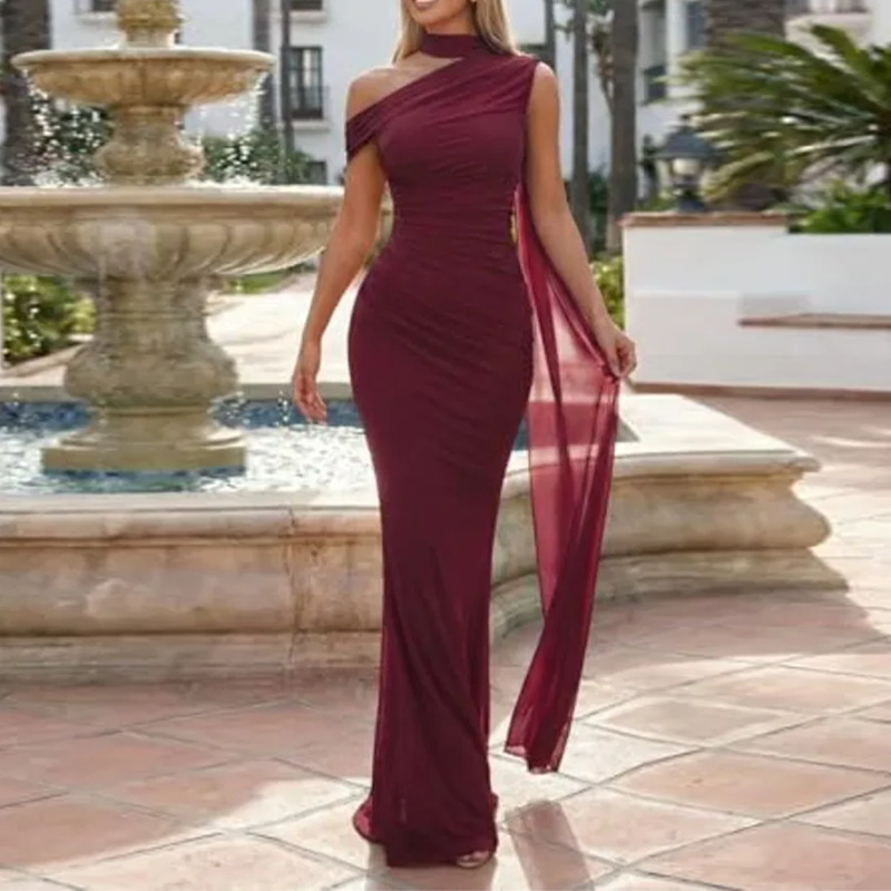 Elegant One-Shoulder Bodycon Maxi Dress with Ribbon Accent