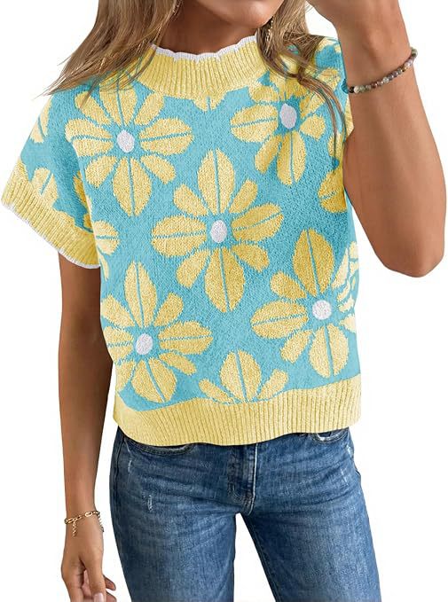 Women's Floral Knit Short Sleeve Sweater Vintage Crew Neck Loose Summer Pullover