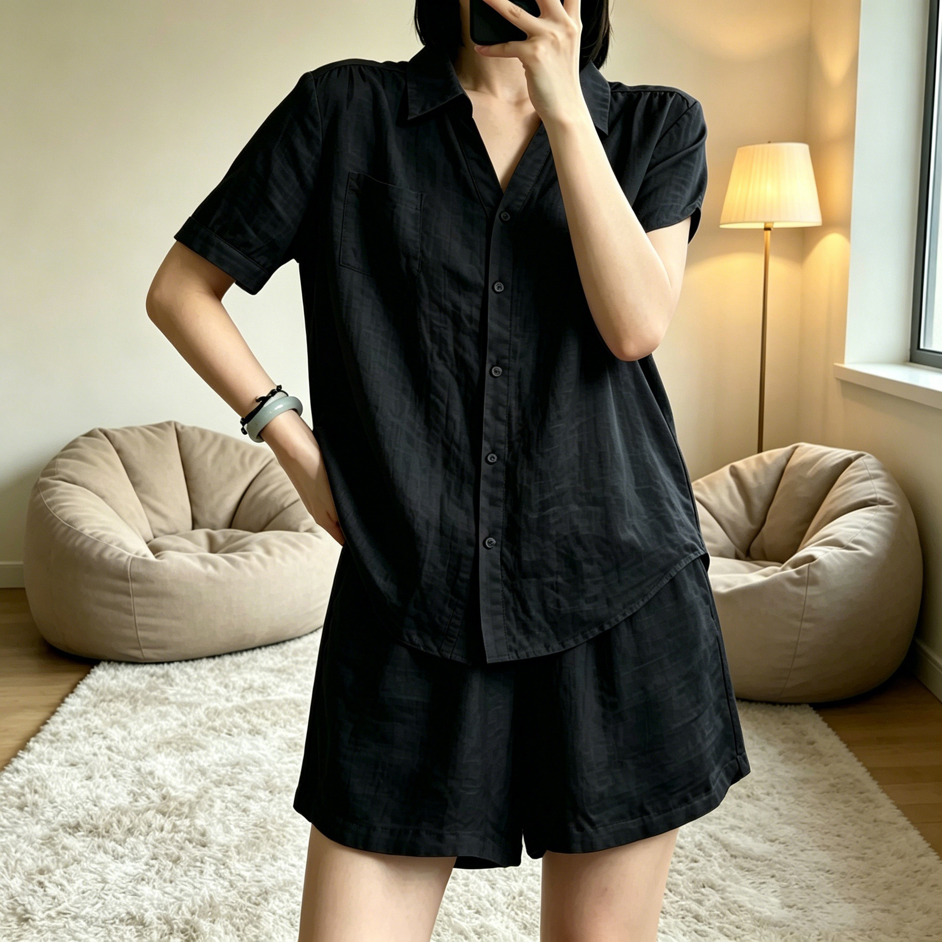 Women's Casual Solid Color Shirt and Shorts Set with Lapel Collar and Short Sleeves