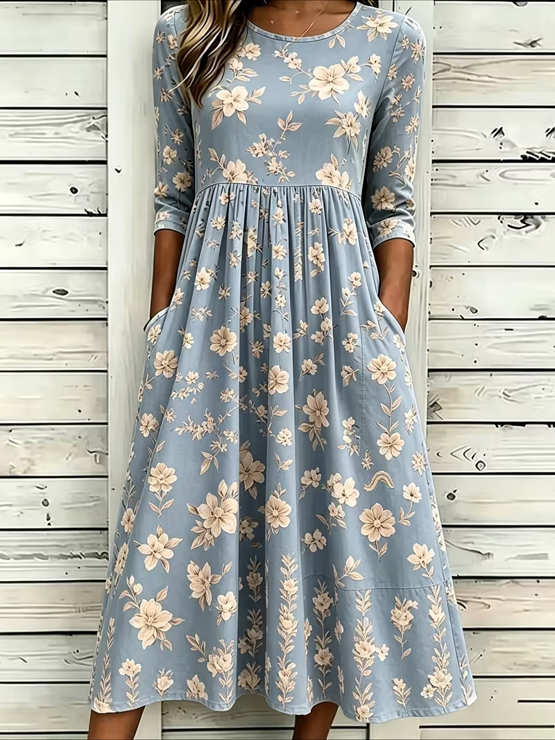 Women's Fresh Floral Print Ruched Midi Dress