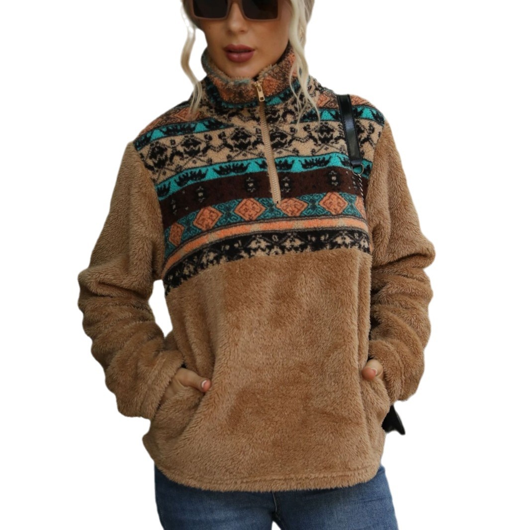 Women's Faux Fur Half-Zip Stand Collar Pullover Sweatshirt