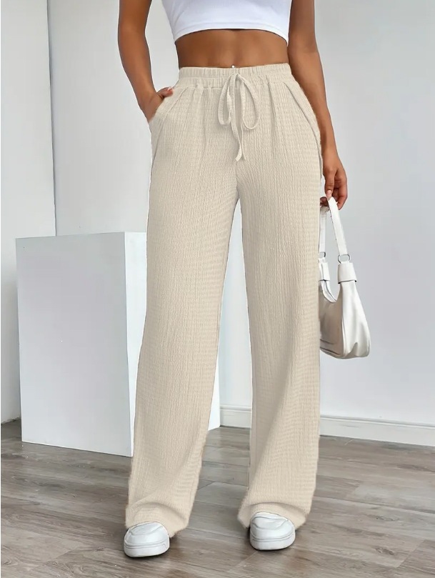 Women's Solid Pattern Loose Elastic Mid-Rise Drawstring Pocket Casual Straight Pants