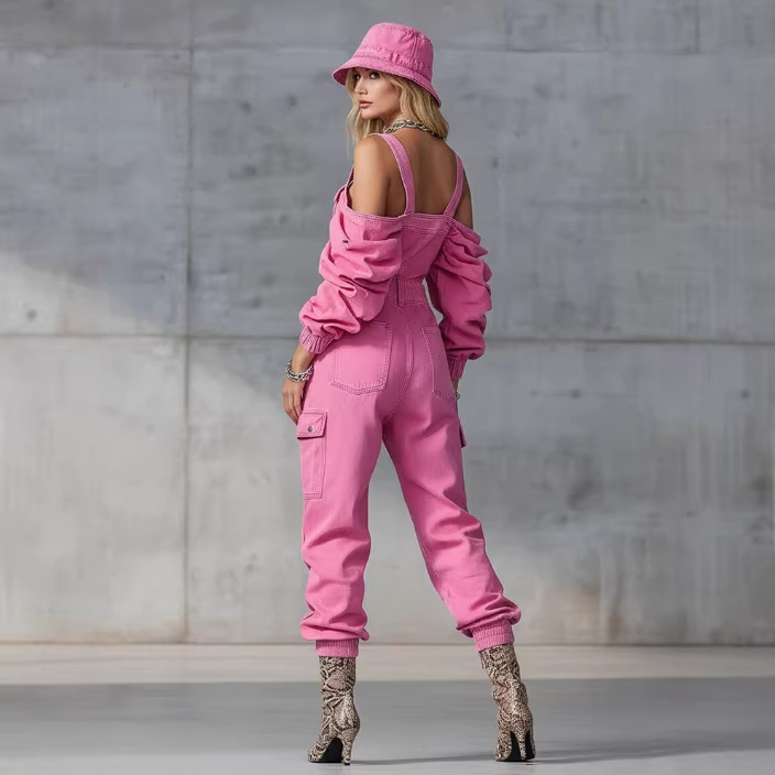 Pink Denim Jumpsuit with Long Sleeves and Tapered Legs