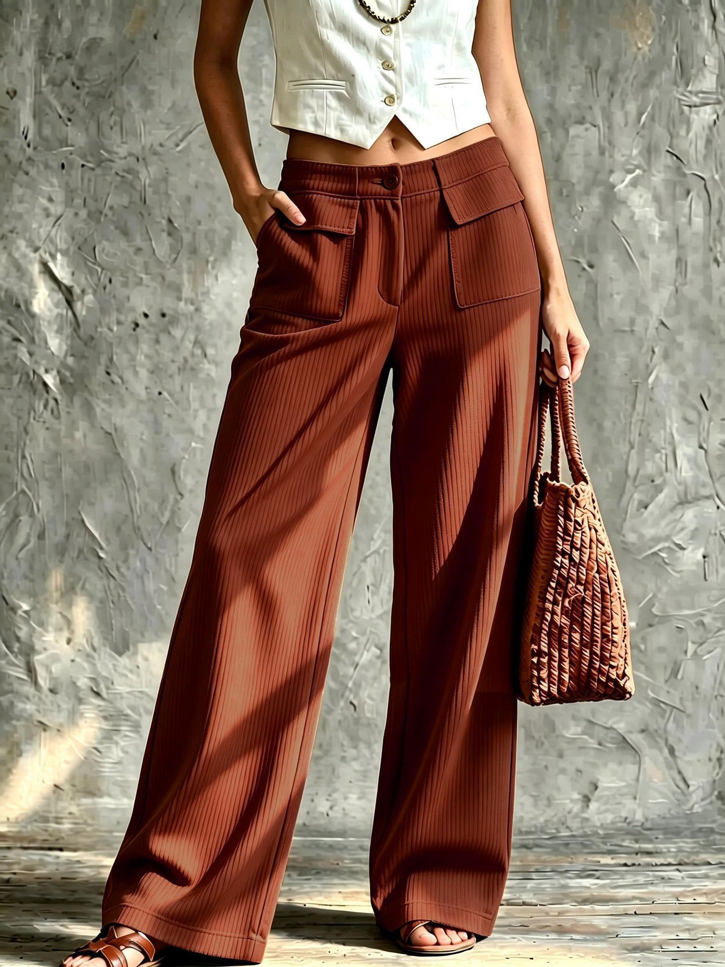 Women's High-Waist Corduroy Wide-Leg Pants Solid Color Casual