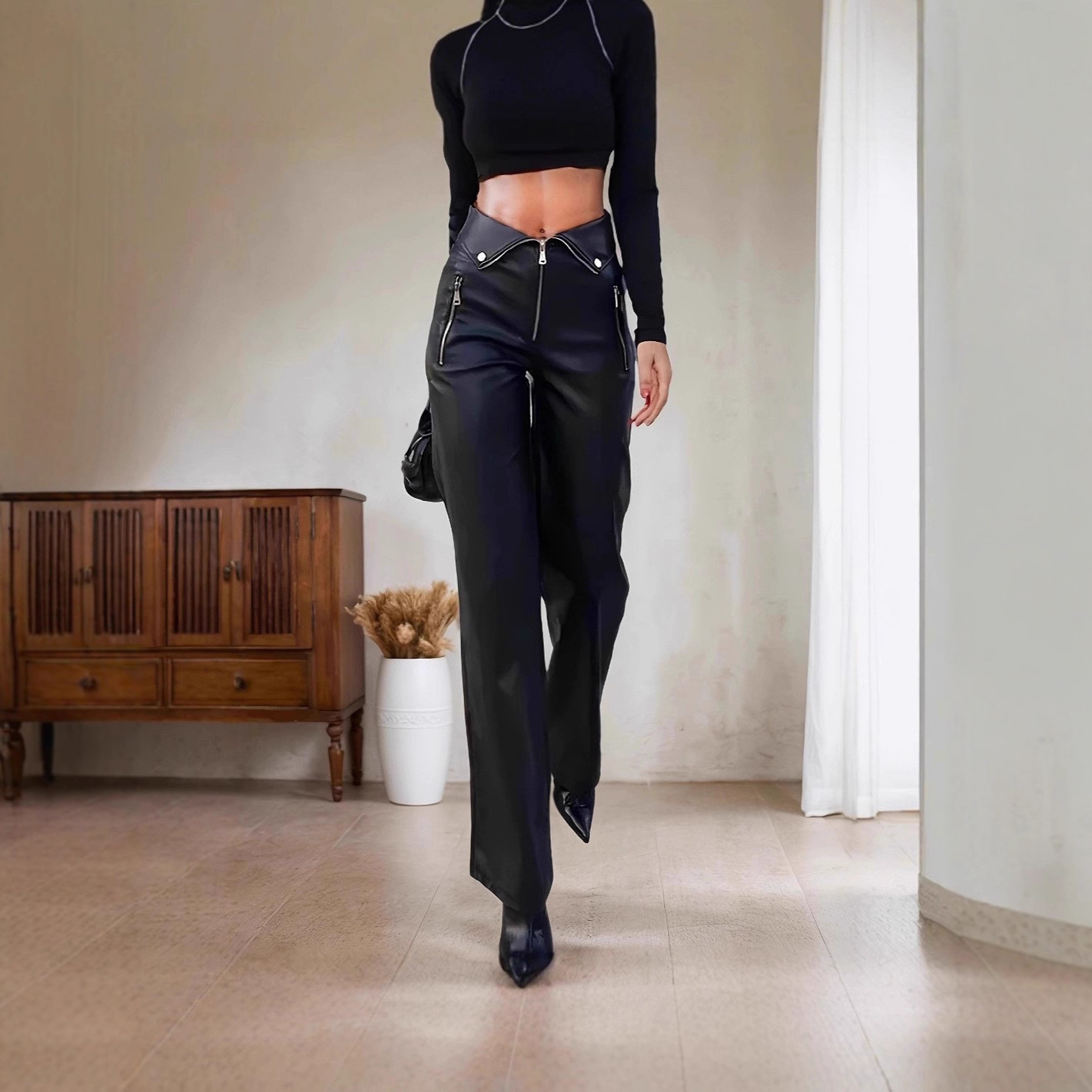 High-Waisted PU Leather Straight-Leg Pants with Metal Zip