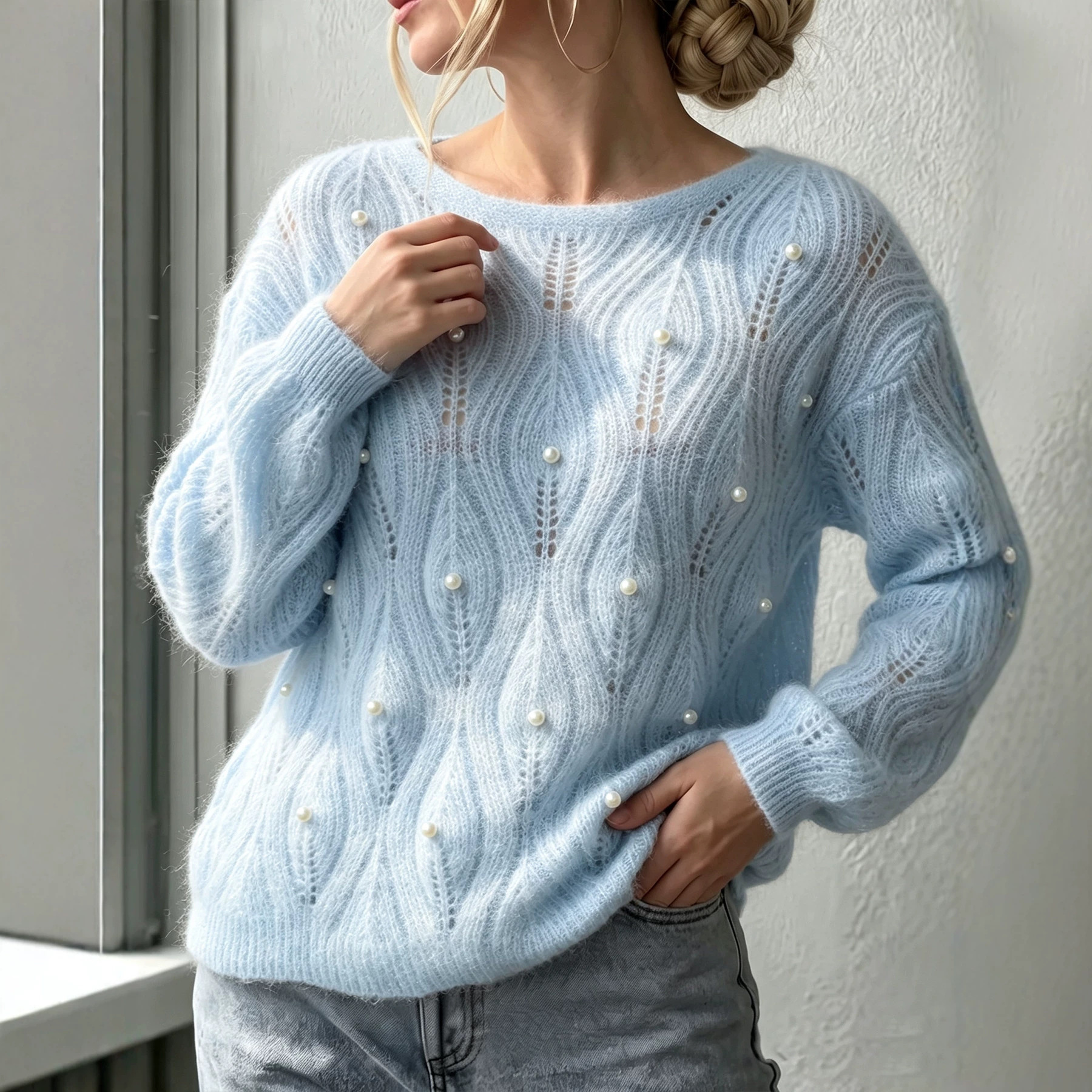 Women's Pearl-Embellished Knit Sweater, Solid Color, Relaxed Fit, Long Sleeve, Crew Neck