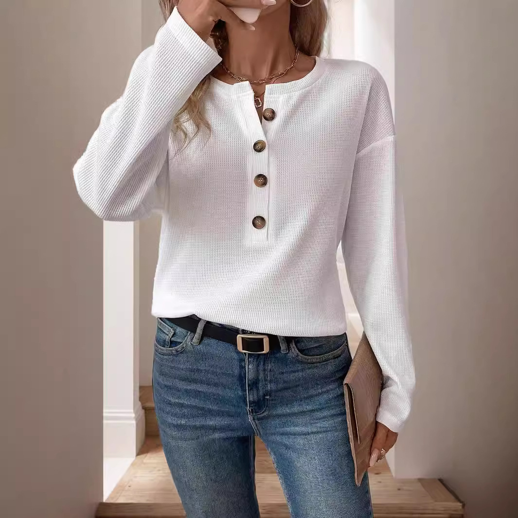 Button-Front Crewneck Solid Knit Cardigan Top for Women
