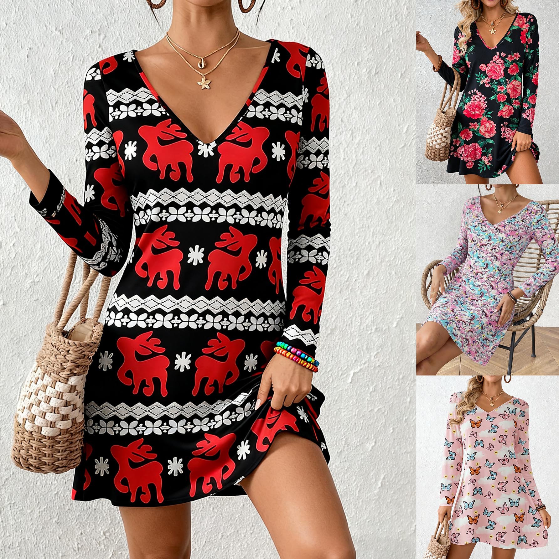 Women's Deep V-Neck Printed A-Line Dress Long Sleeve Casual