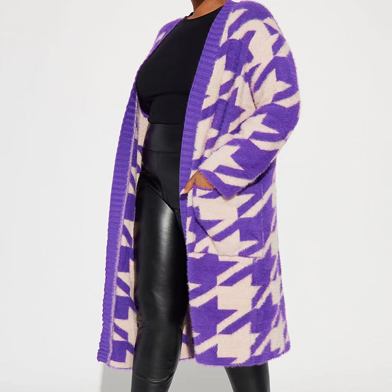Geometric Houndstooth Knit Cardigan Faux Mink Long Sleeve