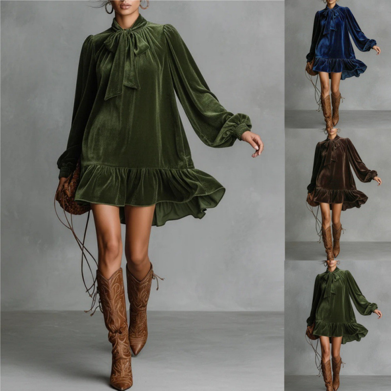 Women's Loose Long Sleeve Solid Color Midi Dress with Tie Neck and Lantern Sleeves