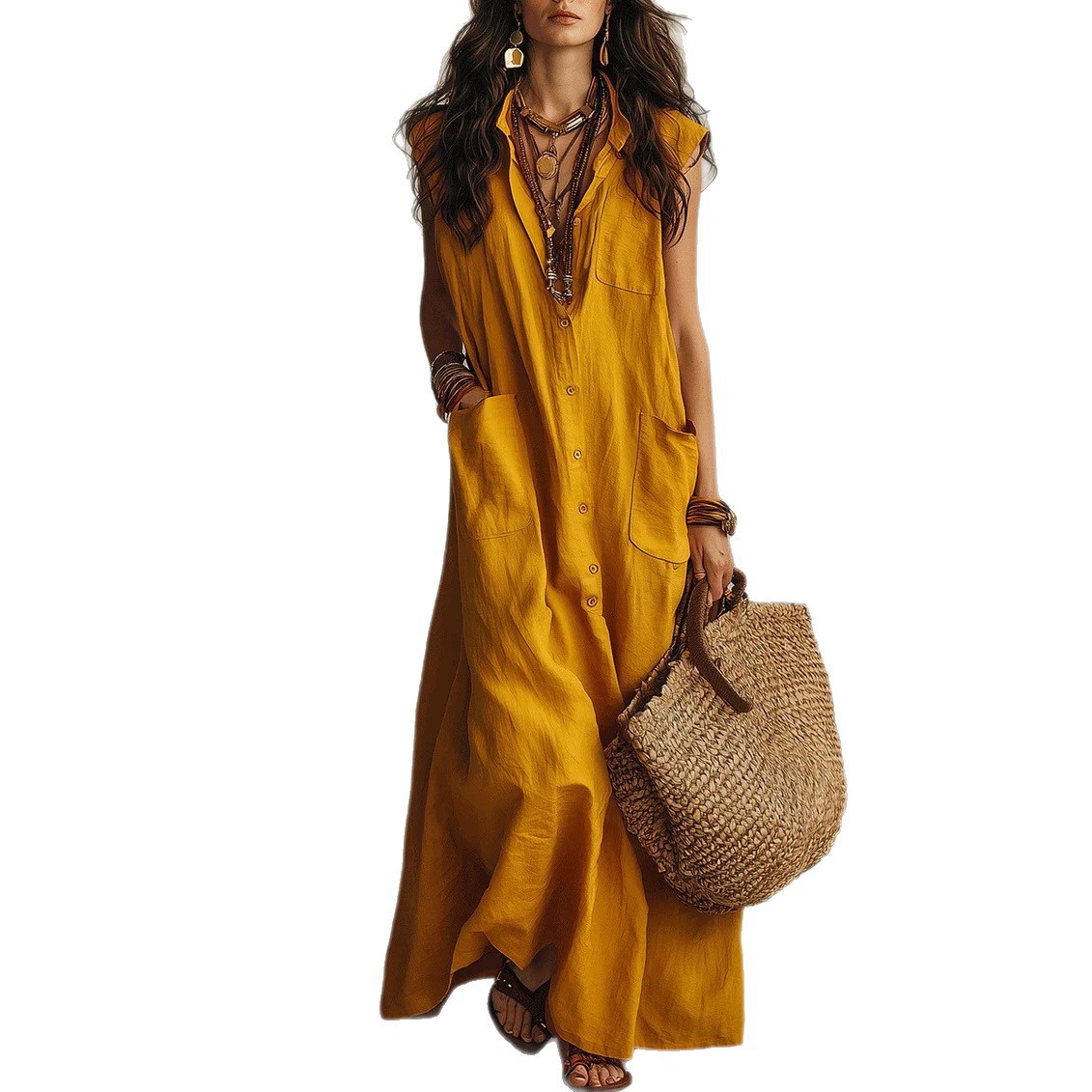 Off-Shoulder Boho Shirt Dress – Loose Fit Long Polyester Dress