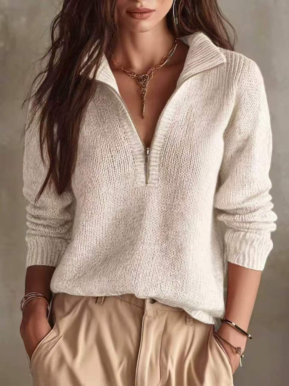 Slim-Fit Half-Zip Knit Sweater Solid Color Long Sleeve