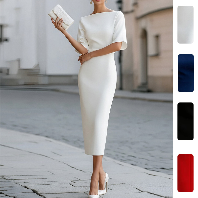 Women's Slim Fit Square Neck Midi Dress Solid Color