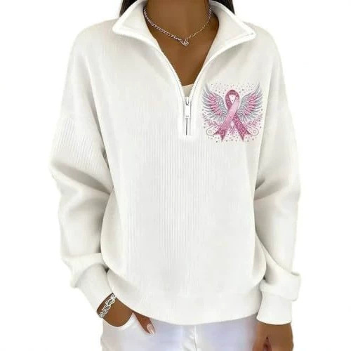 Wing Ribbon Print Half-Zip Stand Collar Hoodie