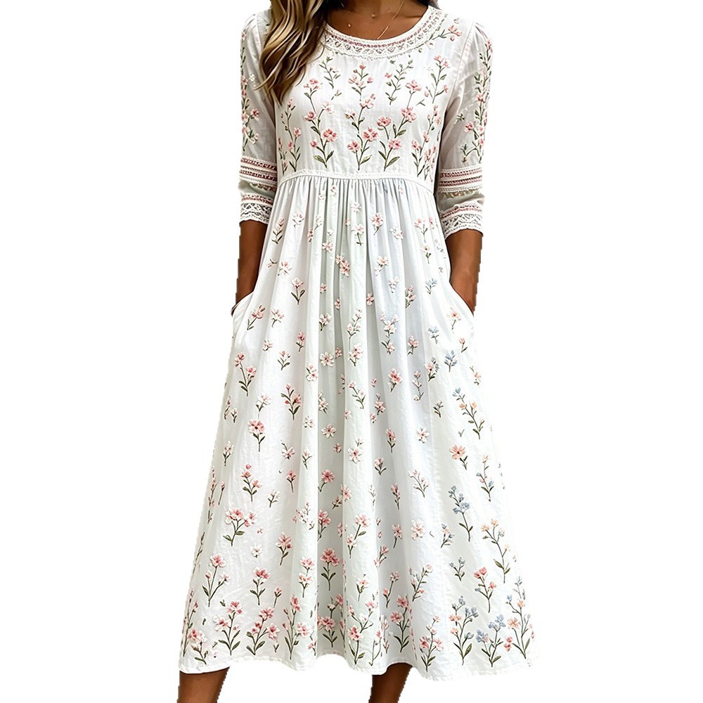 Women's Leaf Floral Butterfly Print Pleated Midi Dress