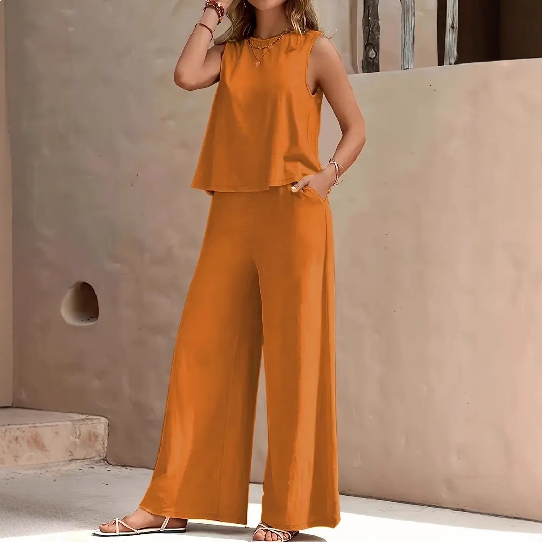 Solid Color Two-Piece Tank Top and Wide-Leg Pants Set