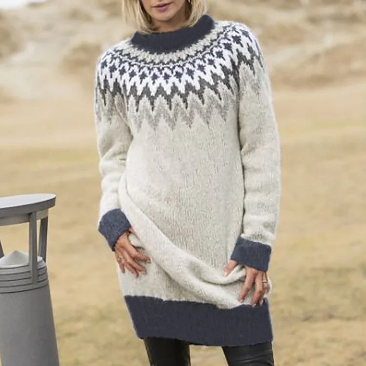 Icelandic Vintage Jacquard Knit Sweater Dress Long Sleeve Round Neck