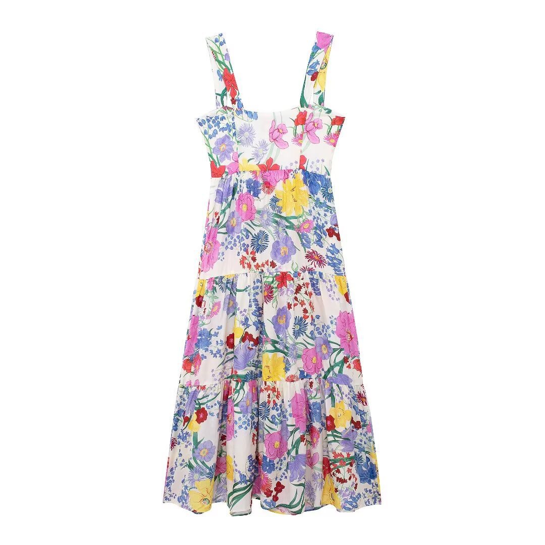 Women's Floral Print Square Neck Sleeveless A-Line Midi Dress