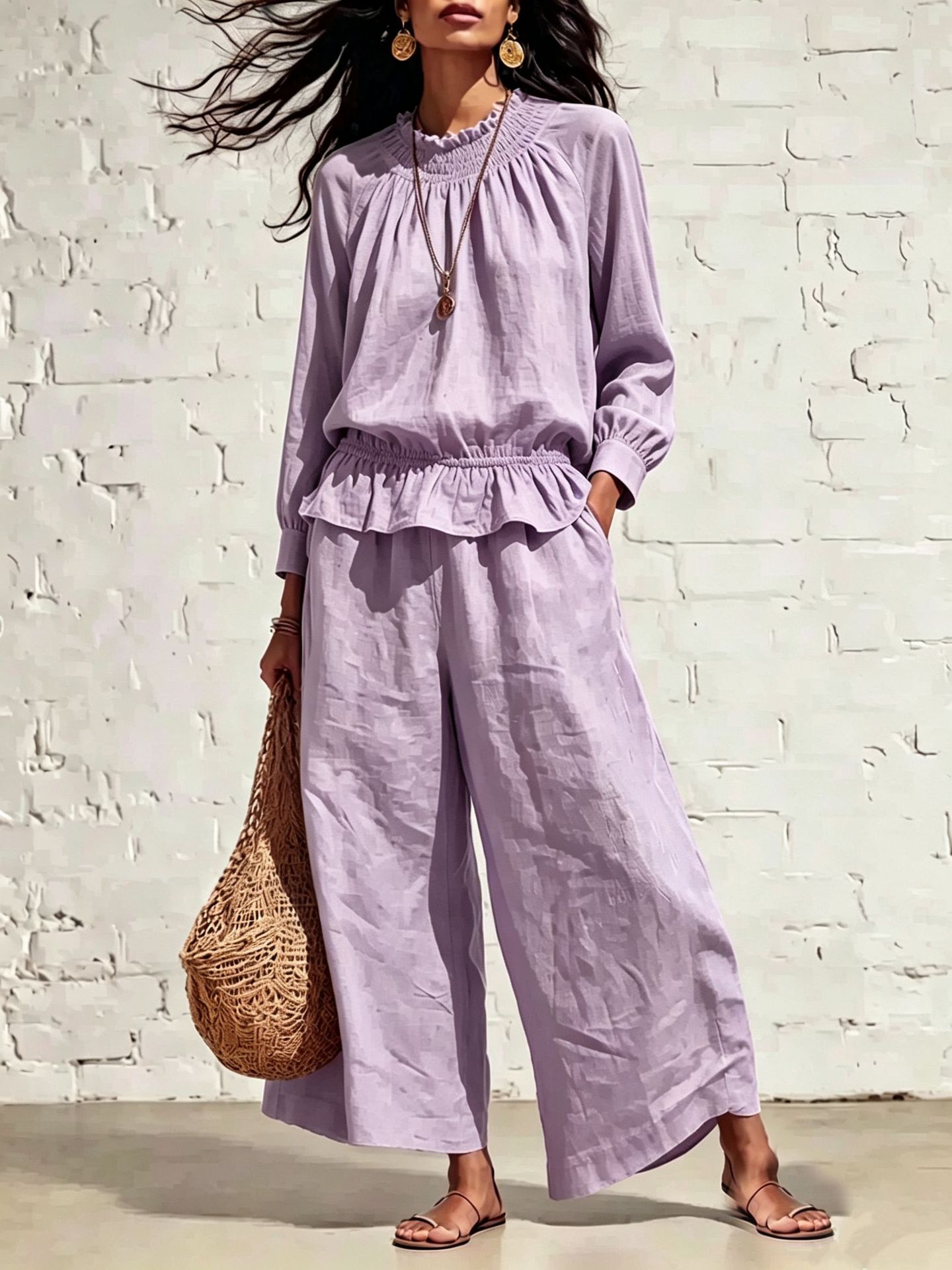 Women's Ruffle Wide-Leg Pants Two-Piece Set Long Sleeve Shirt Casual
