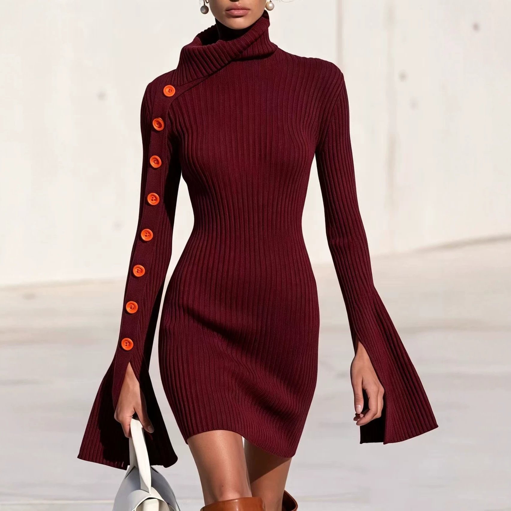 Slim-Fit Ribbed Button-Accent A-Line Dress