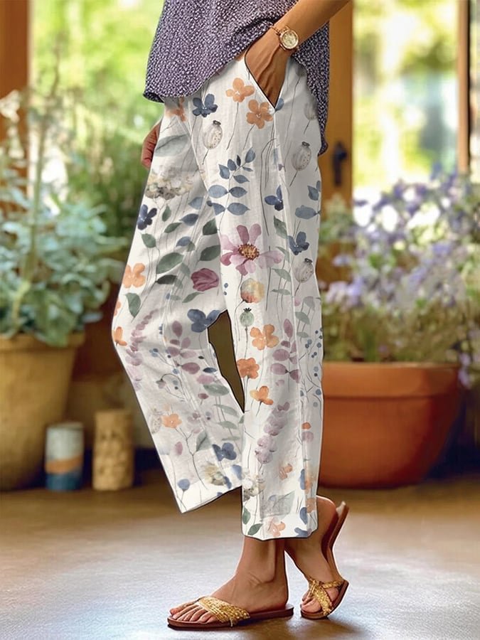 Women's Polka Dot Floral Print Straight-Leg Casual Pants