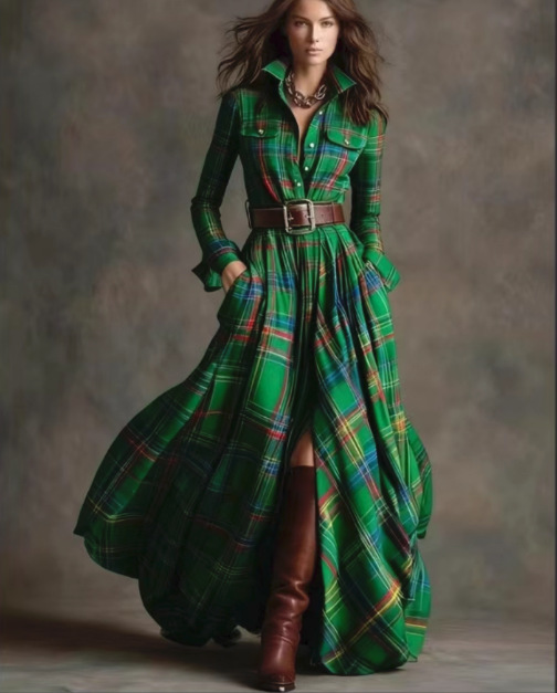 French Vintage Plaid Irregular Shirt Dress with Belt
