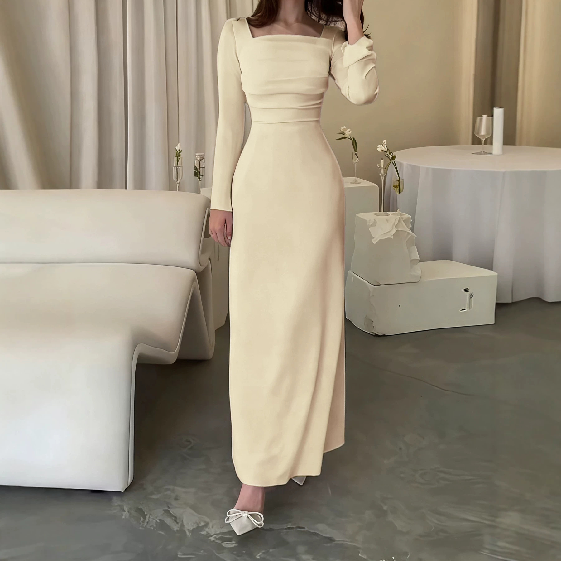 Women's Square Neck Long Sleeve Knit Dress Slim Fit Long Dress
