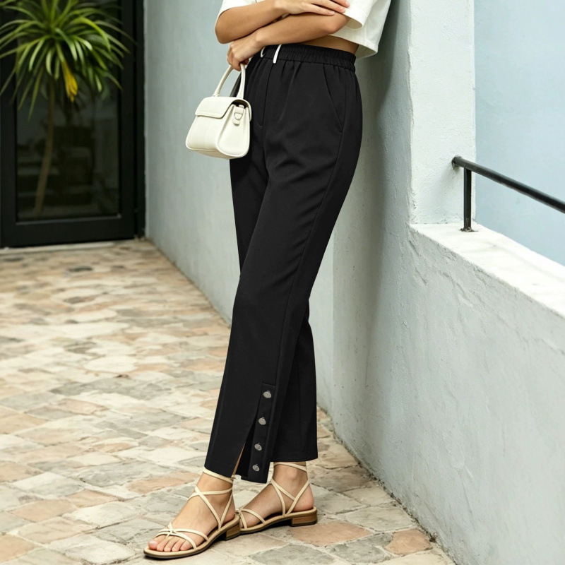Women's Plus Size Cropped Straight Leg Dress Pants with Split Hem and Button Detail