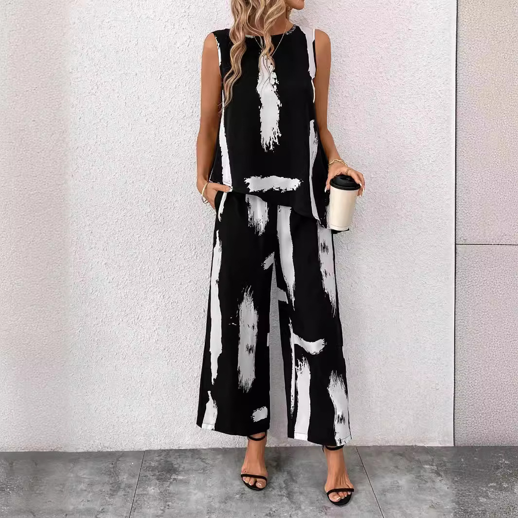 Women's Casual Sleeveless Printed Top and Straight-Leg Pants Set