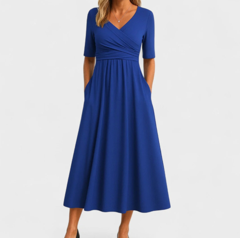 Women's Elegant Solid V-Neck Midi Sleeve Maxi Dress